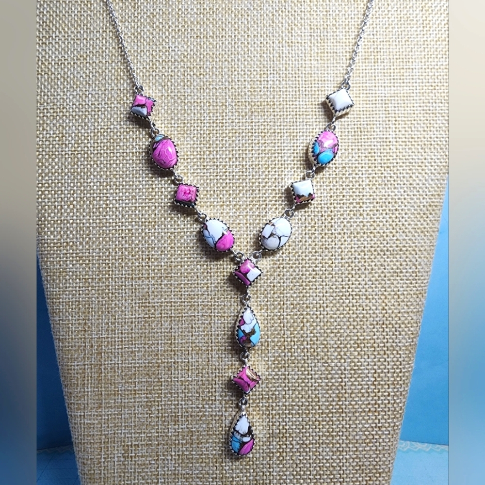 Cotton Candy Turquoise and Sterling Lariat Necklace